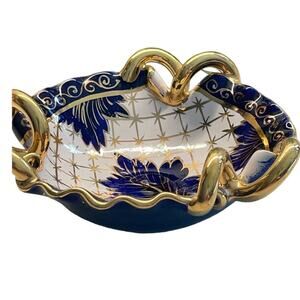 Vintage Blue White and Gold Porcelain China Floral Candy Dish